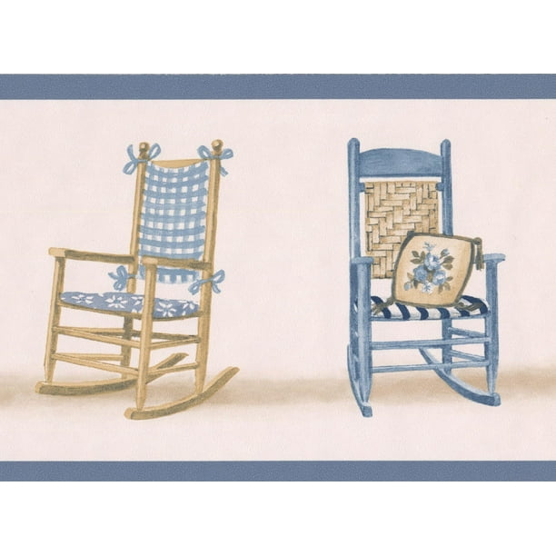 Chaises à Bascule Bleu Brun Bord de Papier Peint Beige Design Retro, Rouleau 15' x 5,25''