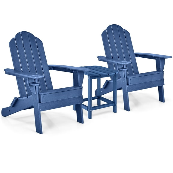 Gymax 3 PCS Patio Folding Adirondack Chair Side Table Cup Holder HDPE Navy