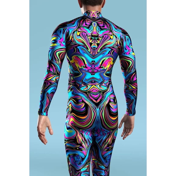 Men's Neon Psychedelic Marble Swirl Print High Neck Long Sleeve Skinny Stretch Jumpsuit