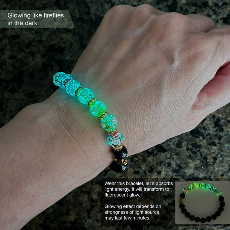 Glow in the Dark Firefly Beads + Black Agate Quartz Beaded Chakra  Bracelets, Luminous Murano Glass Beads & Natural Gemstone Crystal Beads  Bracelet