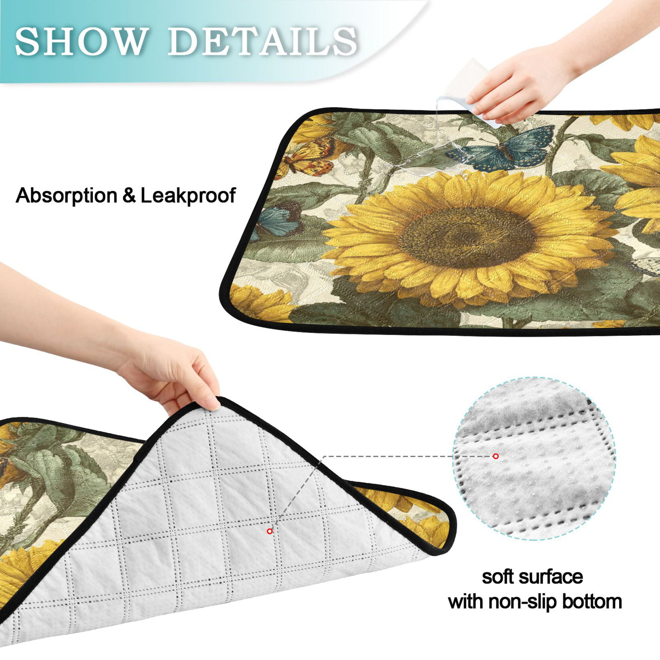 Qxltty Cyan Butterfly Sunflower Cat litter Pads Pet Set of 3 Diaper Mats Center Anti-leakage Layer Absorbent Soft and Comfortable