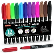 Shuttle Art Wet Erase Markers, 12 Colors 1mm Fine Tip Smudge-Free Markers, Use on Laminated Calendars,Overhead Projectors,Schedules,Whiteboards,Transparencies,Glass,Wipe with Water