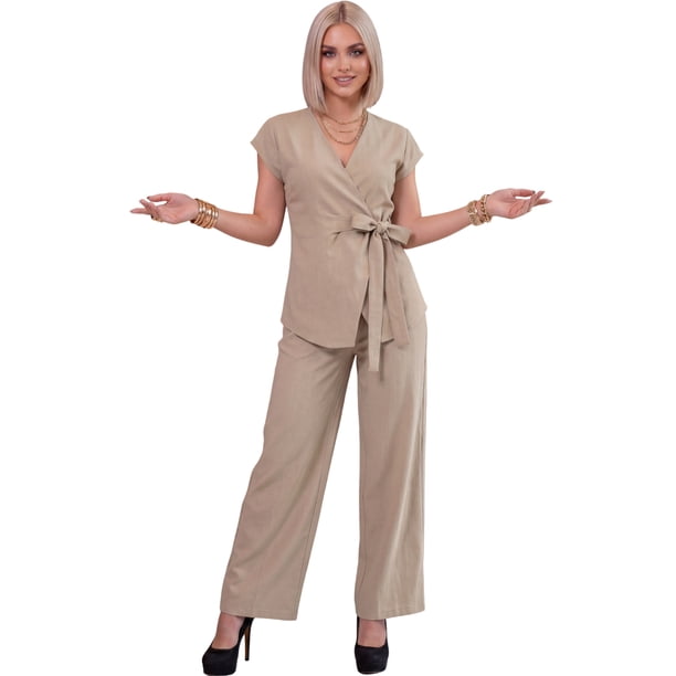 Conjunto Elegante 2 Piezas Pantalon Wide Legs Blusa Cruzada Outfit para Mujer