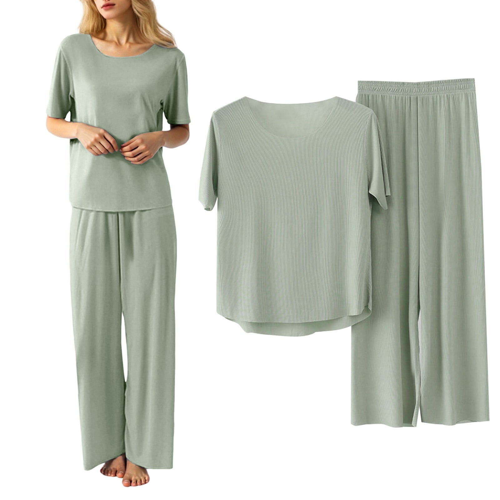 Matching Set Womens Two Piece Lounge Set Women 2 Piece Set Outfit Summer Casual Tracksuit Short Sleeve Crop Tops And Drawstring High Elastic Waisted Wide Leg Pants Tracksuit Yoga Joggers Suit Two