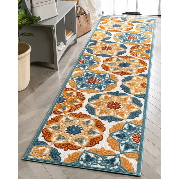 Well Woven Cabo Blue 2'7" x 9'10" Runner Indoor/Outdoor High-Low Southwestern Geo Rug