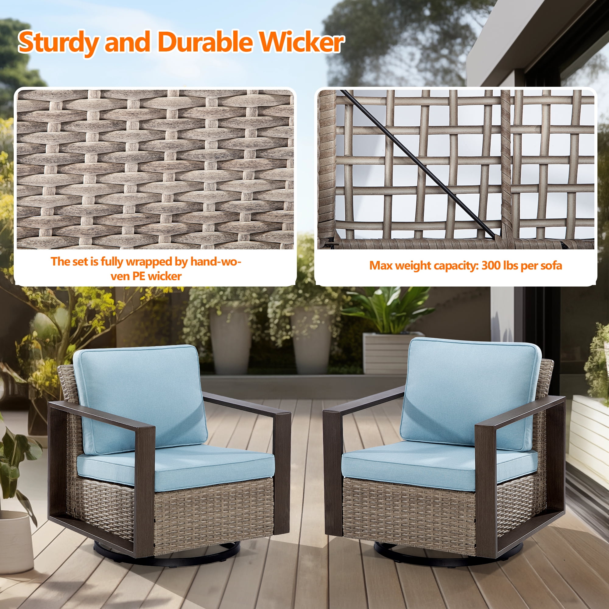 MeetLeisure Outdoor Swivel Patio Metal Chairs Set of 2, 360 Degree Glider Rocker Rattan Chairs with Washable Cushion & Steel Rectangular Armrest for Porch, Sky Blue