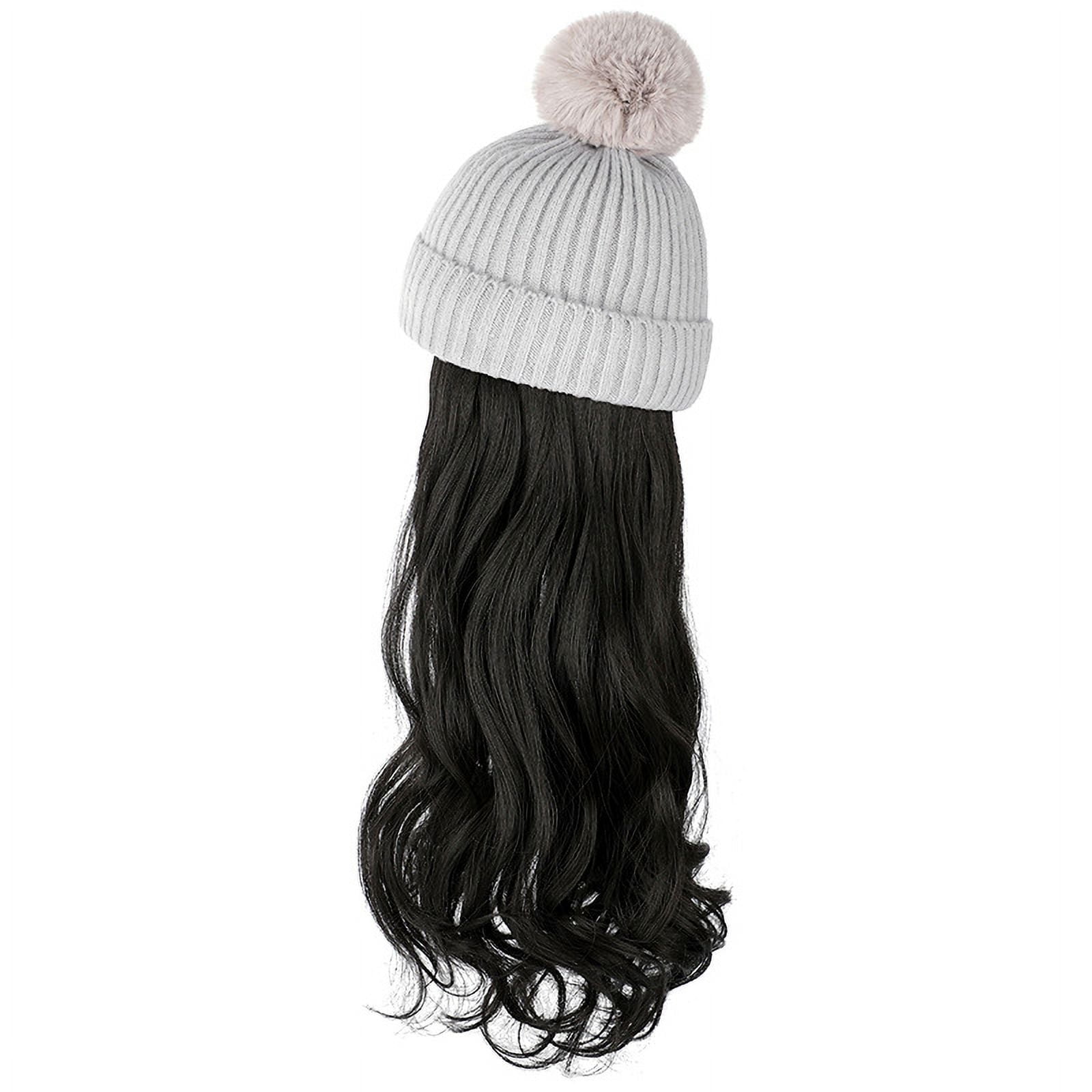 Beanie Hat Knit with Long Wavy Curly Hair Extensions Wig Dismountable Warm Knitted Pom Cap Attached 20inch Synthetic Hairpiece for Women Winter