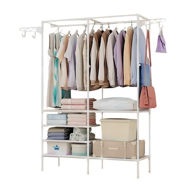 Perchero de Piso Multifuncional | Organizador de Ropa | Closet Armable | Rack con Ganchos Resistente | Armario para Dormitorio | Acero Inoxidable