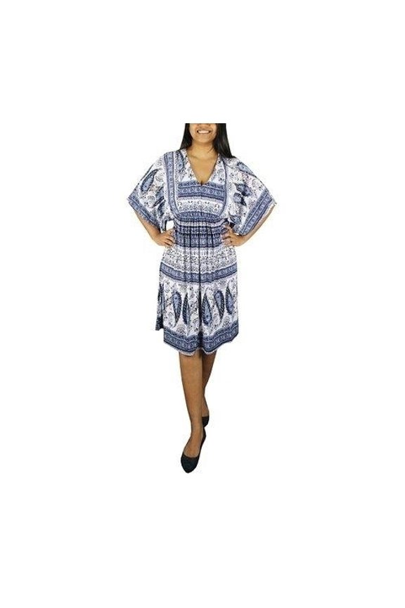 Womens Vintage Boho Casual Summer Paisley Batwing Blue Midi Dress