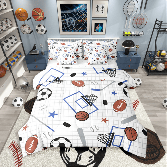 Castle Fairy Soccer Basketball Football 7-Piece Twin Bedding Sets for Teenagers,Sport Theme Bedding Comforter Set,Ball Gamer Breathable Sheet Sets,Super Cozy Room Decor