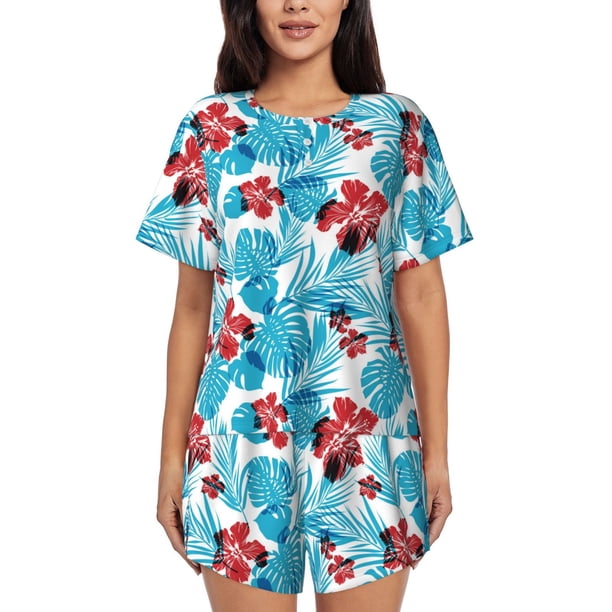 Balery Hawaiian Style Conjunto de Pijama para Mujer con Estampado, Dos Piezas de Manga Corta y Shorts, Ropa de Dormir Suave con Cuello Redondo y Bolsillos-Large