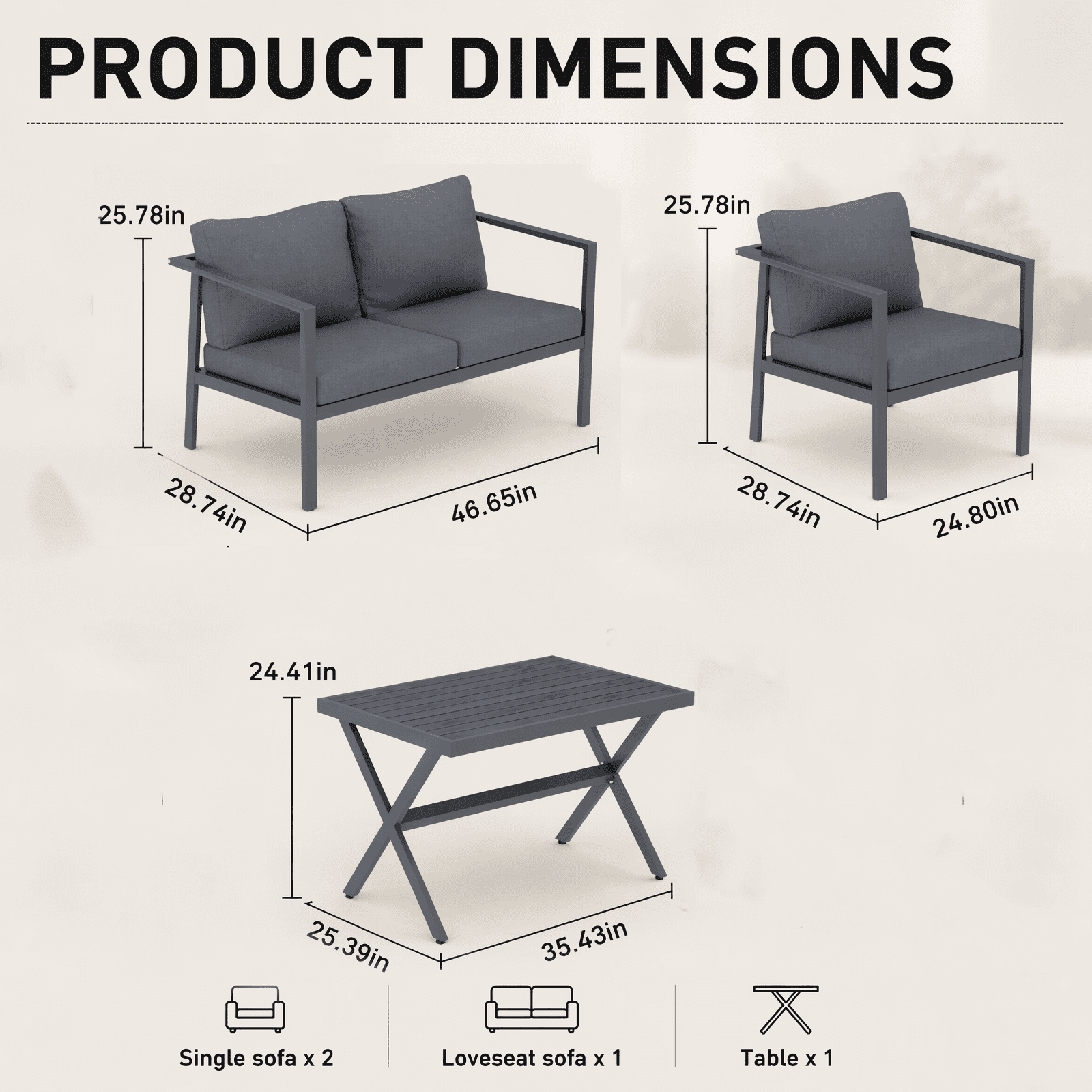 Aluminum Patio Furniture Set with Slim Armrests,4 Seat Modern Outdoor Conversation Set with Cushions and Coffee Table,Metal Patio Sofa Set Gray