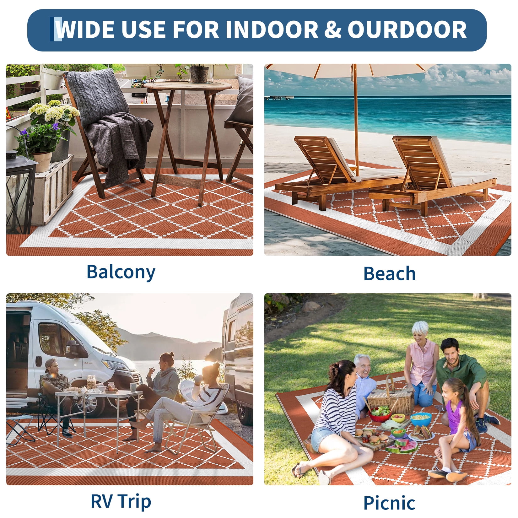 Garvee Outdoor Rug 8'x10' Waterproof Rug for Patios, Reversible Plastic Straw Rug Camping Carpet Mats for RV, Picnic, Backyard, Balcony, Porch, Beach, Orange