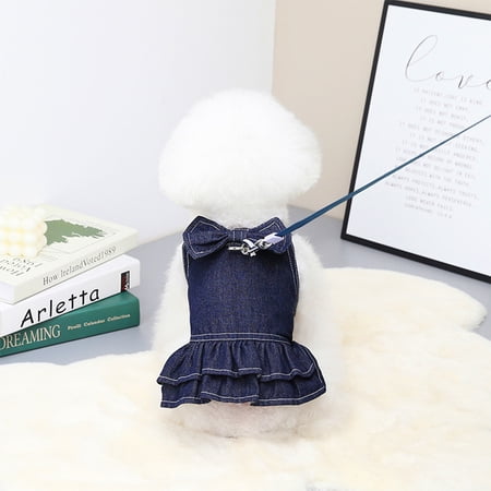 Dog Denim Harness Dress, Bow Puppy Princess Dress for Small Medium Dog Cat Girls Adjustable Pet Jean Skirt Dog Clothes