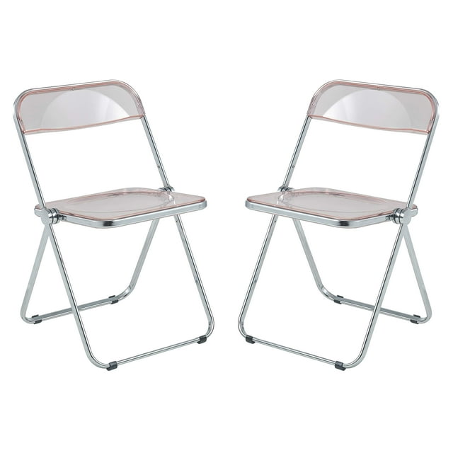 LeisureMod Lawrence Modern Transparent Acrylic Folding Chair with Metal Frame Set of 2 (Rose Pink)