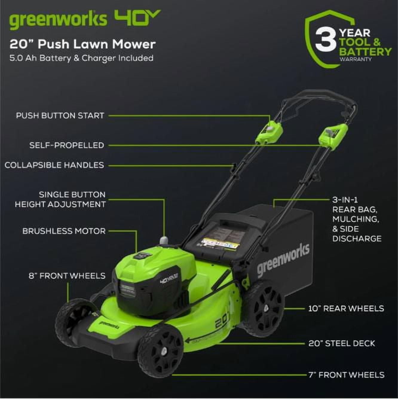 Tondeuse autotractée Greenworks, 40 V, 20 po (Batterie 5,0 Ah)