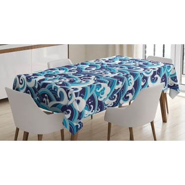 Ambesonne Japanese Wave Tablecloth Rectangular Table Cover, Water Splash Foam, 60"x90", Pale Blue Navy Blue
