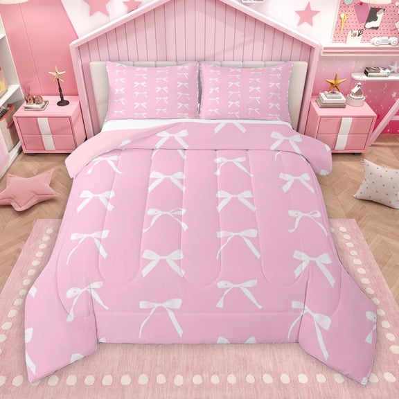 Manfei Cartoon Bowknot Child Bedding Comforter Set, Girly Pink Bow-tie Twin Comforter Sets, Kawaii Princess Bow Style Reversible Bedding Set, Microfiber Bedroom Decor, 2 Pieces