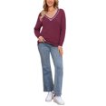 thumbnail image 2 of INSPIRE CHIC V Neck Sweater for Women's Long Sleeve Striped Pullover Soft Fall Casual Sweaters L Wine Red, 2 of 6