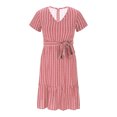 thumbnail image 6 of Xixinqiwan Sundresses for Women 2025 Plus Size,Women's Striped Printed V-Neck Short Sleeve Back Button Tie Waist Ruffle Dress Pink L, 6 of 8