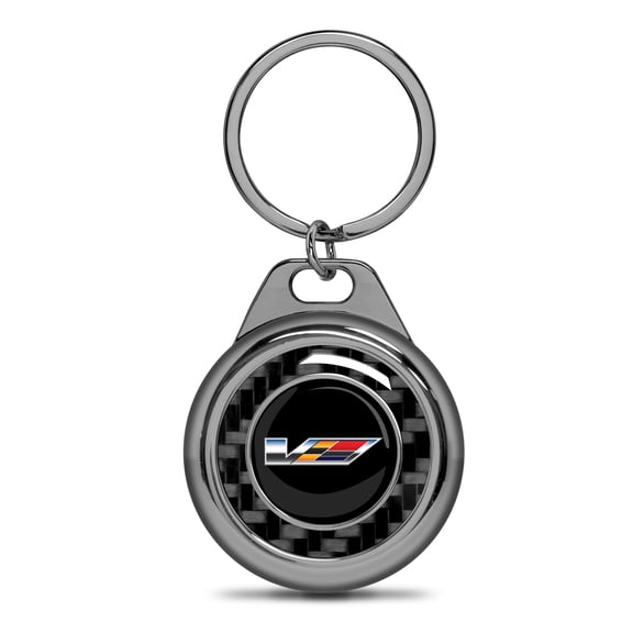 iPick Image for Cadillac V Logo Real Black Carbon Fiber Gunmetal Roundel Metal Case Key Chain, Official Licensed