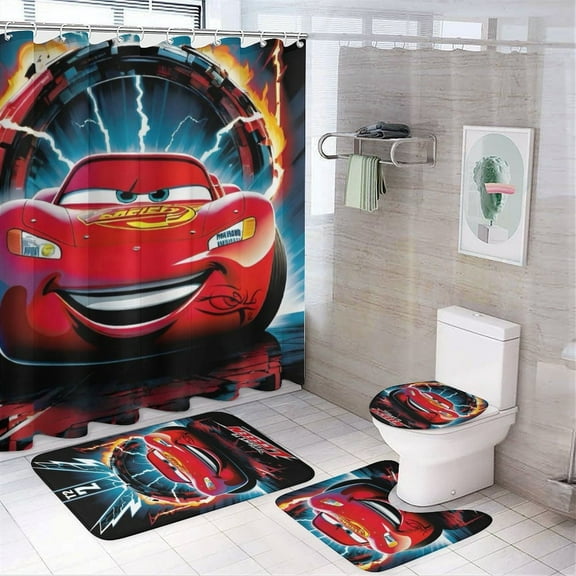 4 Piece Shower Curtain Set with Rugs Lightning McQueen Shower Curtain Bathroom Sets Decor Waterproof