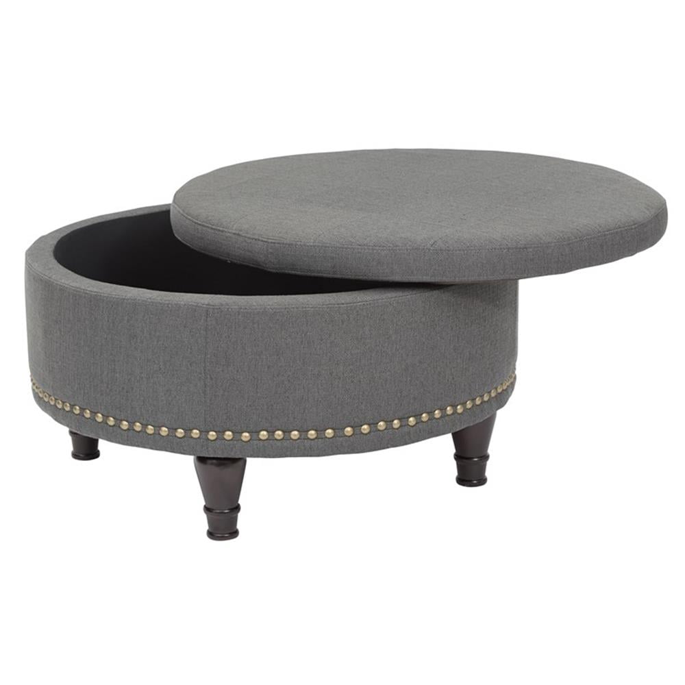 Pemberly Row Modern Round Storage Ottoman in Klein Charcoal Fabric