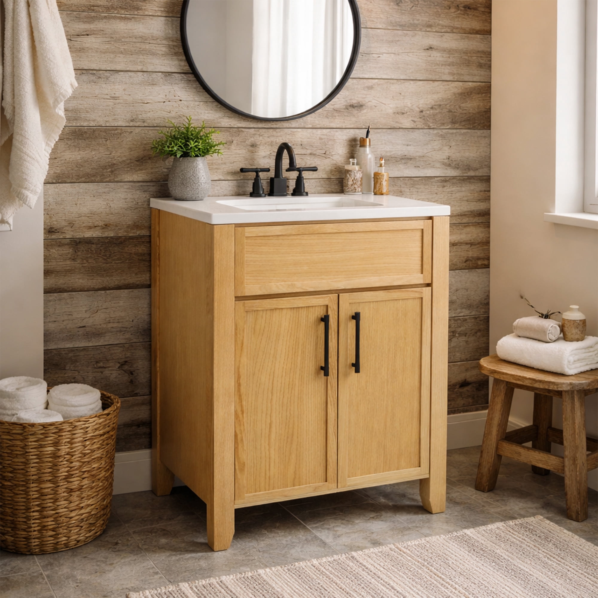 Design House Dawson 24-Inch Bathroom Vanity Cabinet, Fully Assembled, 2-Door Freestanding, Comfort Height 34 in., Riffed Oak, Matte Black Hardware, 228411-ROAK-FA