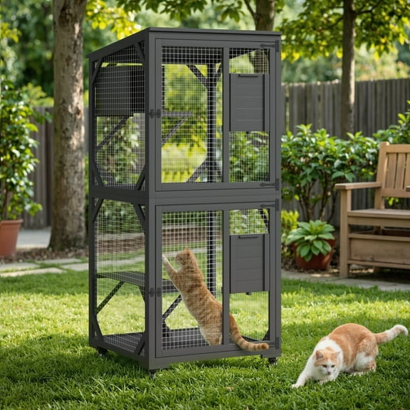 Furmax Outdoor Cat Catio Large Wooden Cat House Patio for Indoor Cats Feral Cat Shelter with 2 Espace Doors, 1 Resting Rooms, 3 Platforms, Waterproof roof