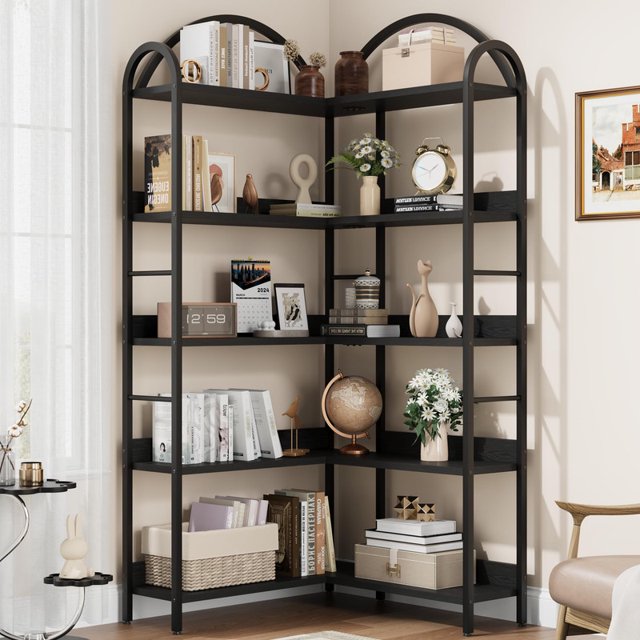 TROPOW Arched Corner Bookshelf, 5-Tier L-Shaped Freestanding Storage Shelf for Living Room, Bedroom, or Home Office – Modern Metal Frame Display Rack with Adjustable Feet and Anti-Tip Kit