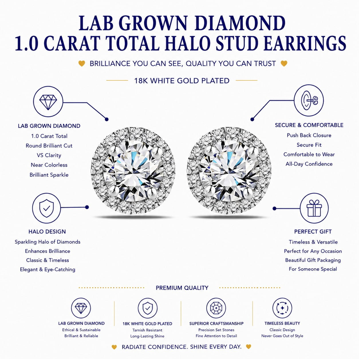 JeenMata Lab Grown Diamond 1 Carat Round Brilliant Cut Halo Stud Earrings in 18K White Gold Plating for Women