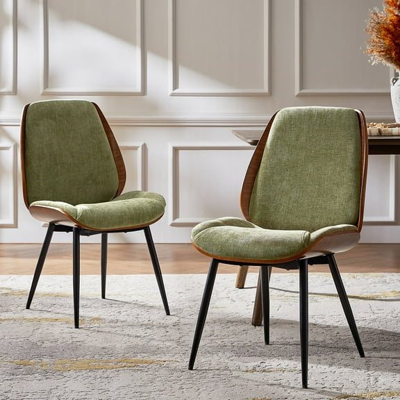 Modern Fabric Upholstered Dining Chairs Set of 2 with Curved Wood Backrest for Kitchen Dining Living Room Sage