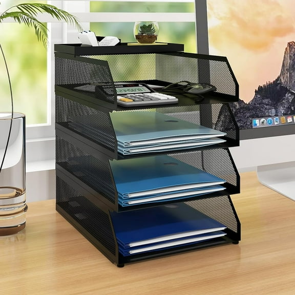 4-Tier Paper Organizers,Desk Organizer,Stackable Paper Tray, Desk Accessories,Metal Mesh Desktop Organizer,Letter Trays,File Document Storage Rack for for Home, Office, School (Black)