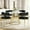 35.43"Gold White Table + 4 Gold Black Chairs, variant on 35.43" Round Glass Dining Table, Marble Pattern Top and Cage-Like Metal Base, for Kitchen, Dining Room, Small Spaces