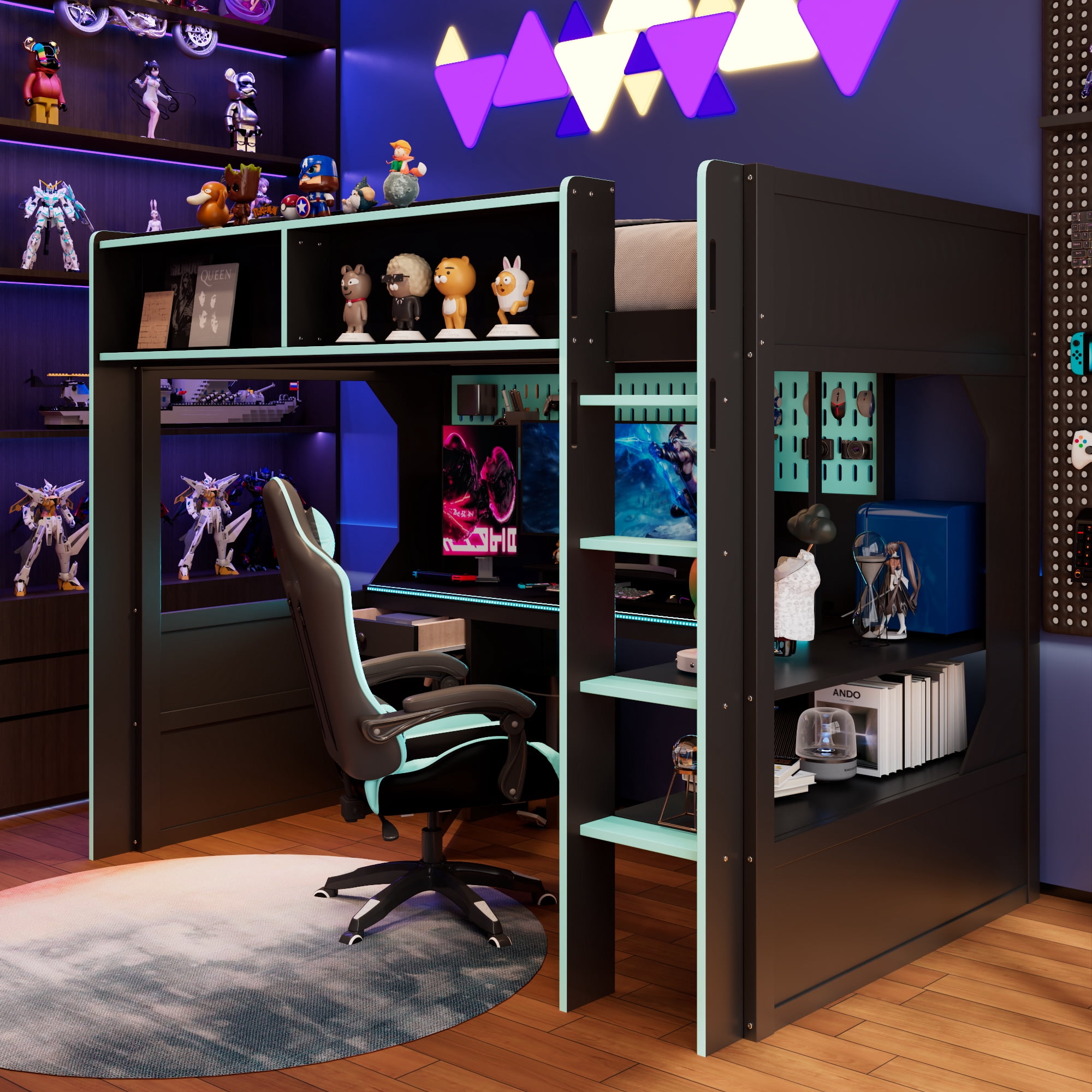 Mintazer Twin Size Gaming Loft Bed with Desk & LED Lights, Modern Bed Frame with Storage Shelves & Pegboard and Charging Station for Dorm Bedroom Apartment, Black & Blue