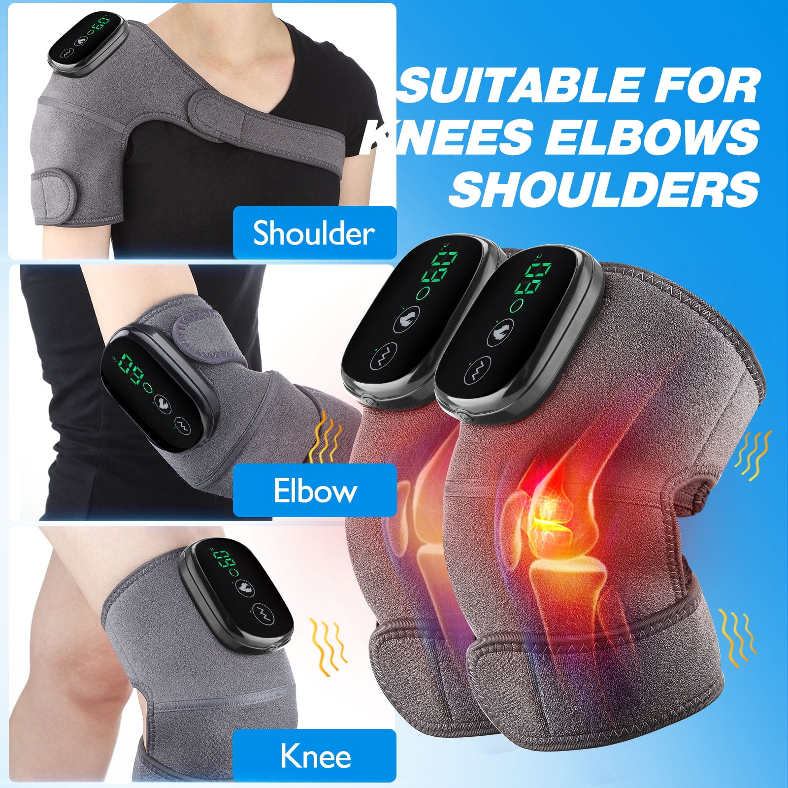 Cordless Knee Massager Shoulder Brace with Heat, 3-In-1 Heated Knee Elbow Shoulder Brace Wrap, Vibration Knee Heating Pad,3 Vibrations and Heating Modes,Heating Pad for Knee Elbow Shoulder Relax,2Pcs