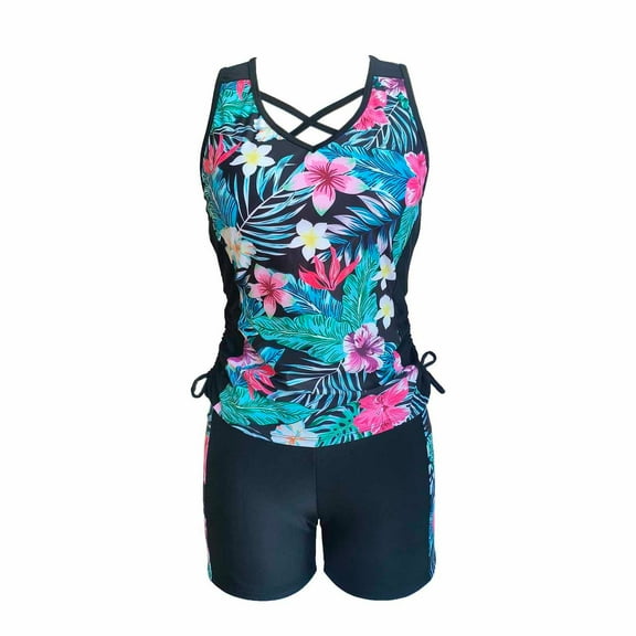 Elainilye Fashion Tankini Swimsuits for Women Split Swimsuit Bikini Sleeveless Swimsuit Beachwear Shorts Swim Trunks Two-piece Set,Black