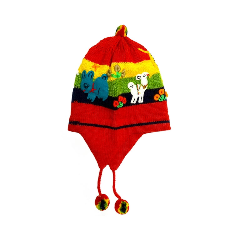 Multicolored Embroidered Animal Striped Knit Puff Ball Pom Beanie