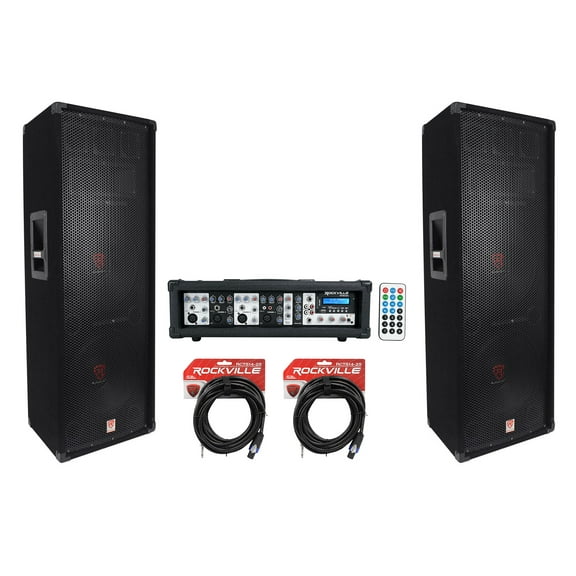 (2) Rockville RSG12.24 Dual 12” 2000w 3-Way DJ/Pro Audio Speakers Powered Mixer