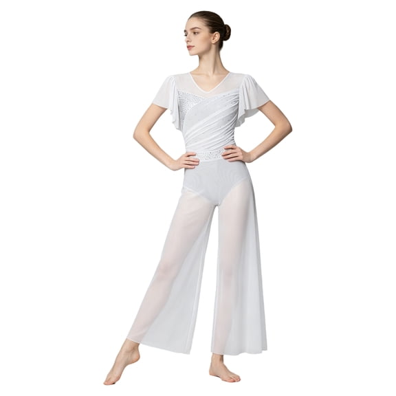 SiiRoh Womens Lyrical Dance Bodysuit and Pants Suit Ruffled Sleeves Backless Sparkly Leotard with Split Wide Leg Pants Ballet Dancewear White S