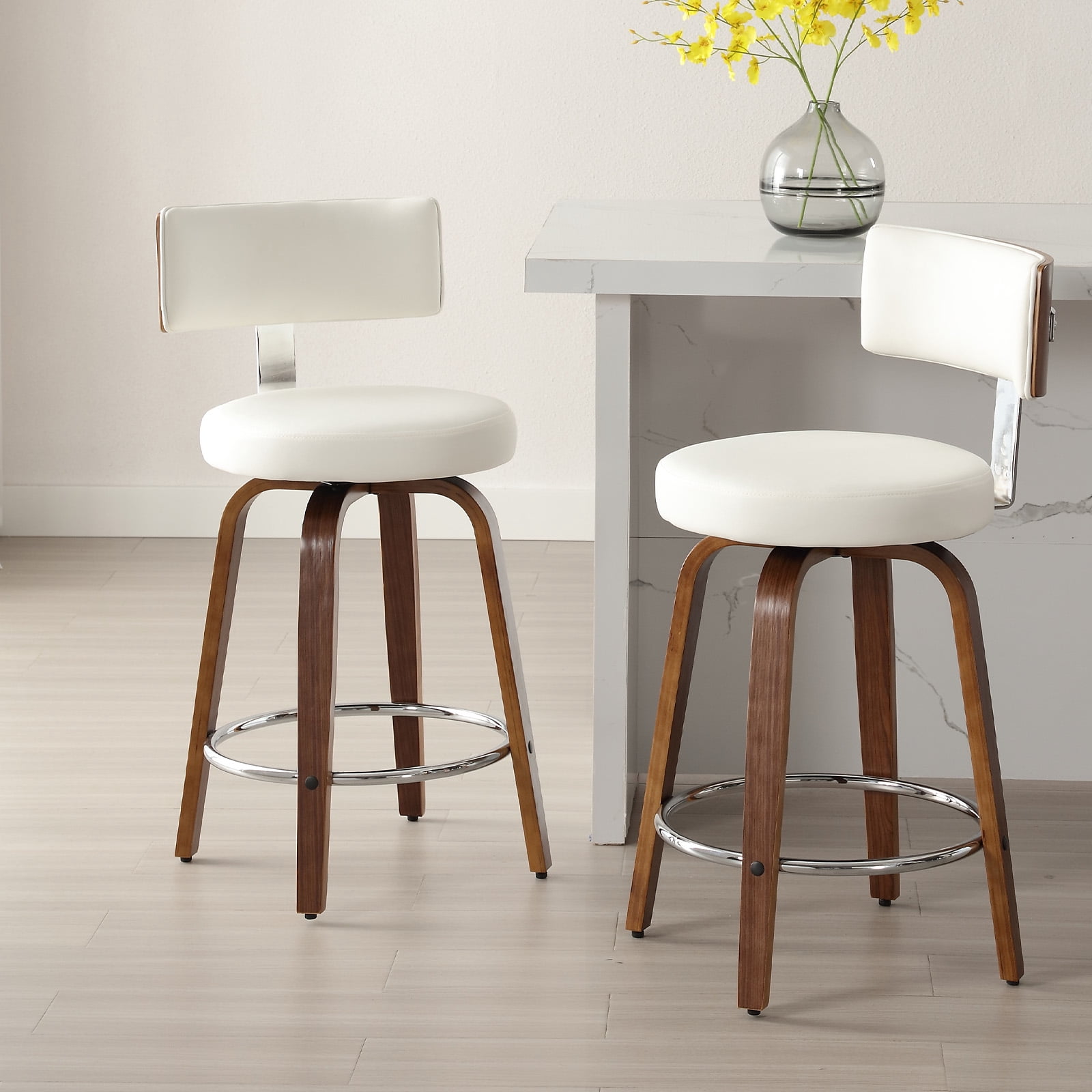 ANMINY Bar Stools Set of 2 360° Swivel with Back and Round Seat PU Leather Barstools 29" Bar Height Upholstered Bar Chairs Island Stools for Kitchen Counter