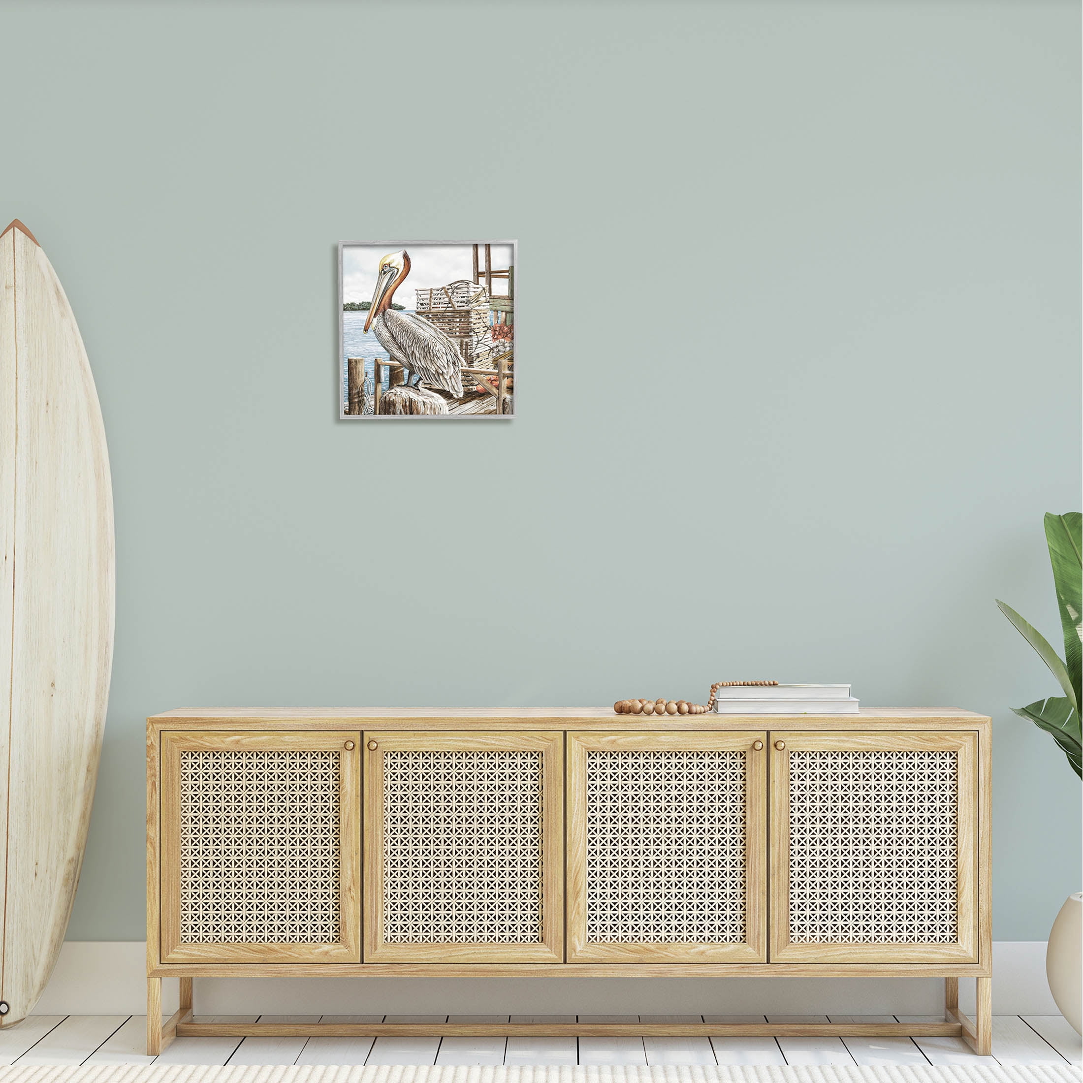 Pelican Perched Summer Fishing Dock Animals & Insects Painting Gray Framed Art Print Wall Art