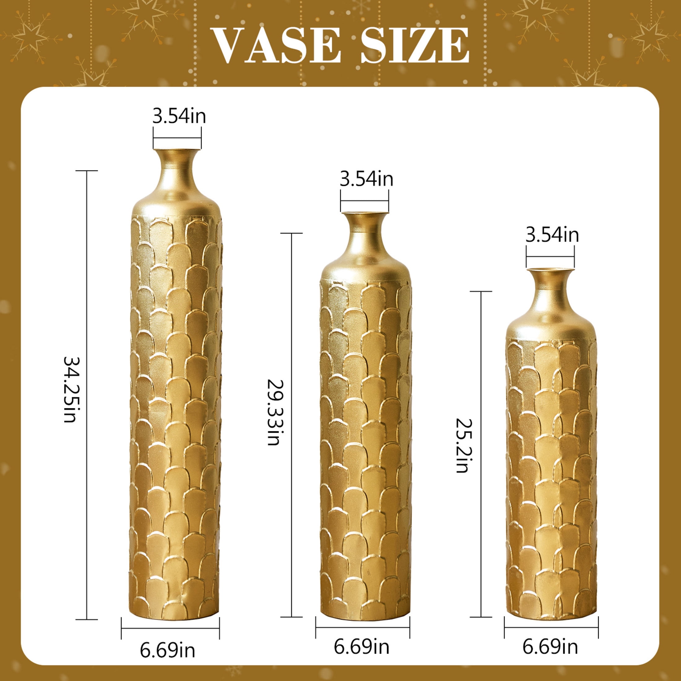 Noble House 25.2", 29.33", 34.25" Metal Floor Vase Set of 3, Geometric Textured Vases, Gold