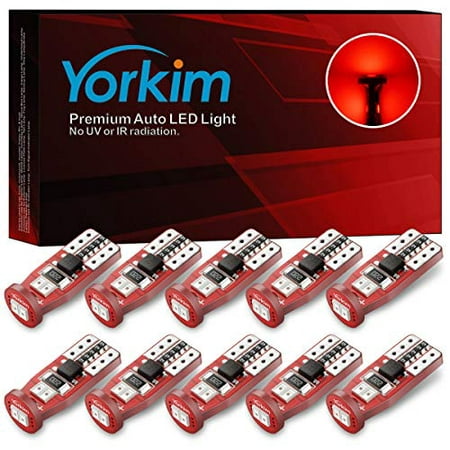 

Yorkim Newest T10 LED Bulb Canbus Error Free 6-SMD Super Bright EMC Chips 194 Interior LED For Dome Map Door Marker License Plate Trunk lights 168 W5W 2825 Sockets Pack of 10 red