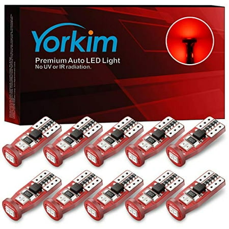 

Yorkim Newest T10 LED Bulb Canbus Error Free 6-SMD Super Bright EMC Chips 194 Interior LED For Dome Map Door Marker License Plate Trunk lights 168 W5W 2825 Sockets Pack of 10 red