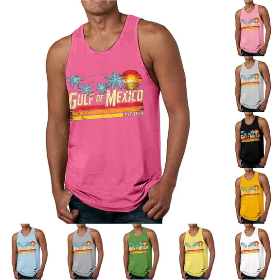 XIYON Father's Day Men's Tank Top Sleeveless Round Neck Graphic Print Summer Fashion Comfortable Tee Top For Holiday Vacation Beach,Hot Pink,XL