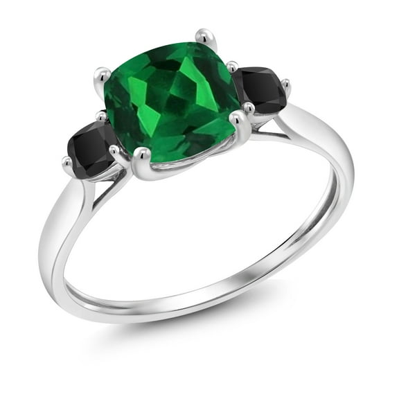 Gem Stone King 10K White Gold Green Nano Emerald and Black Onyx 3 Stone Engagement Ring for Women (0.91 Cttw, Cushion 7MM, Gemstone May Birthstone, Size 6)