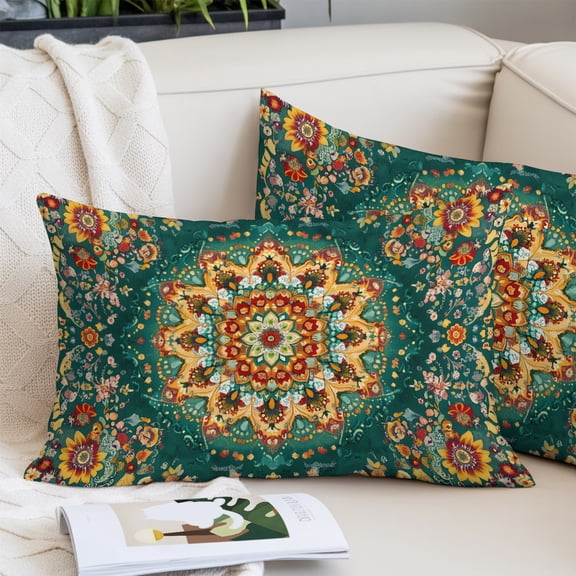 Boho Flower Toddler Pillow Covers 16x24 Inch, Yellow Green Bohemian Colorful Medallion Decorative Pillowcase with Zipper, Microfiber Pillow Protector, Breathable Throw Pillowcases for Couch Sofa Bed