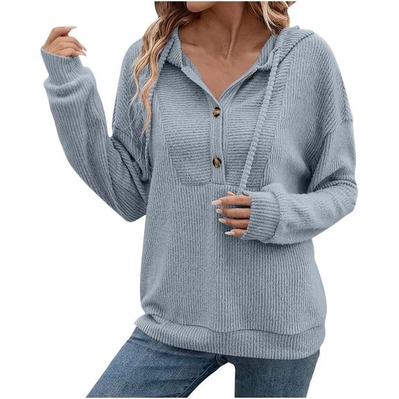 HAiming Womens Hoodies Casual Button V Neck Long Sleeve Pullover Solid Color Hooded Sweatshirt with Pocket