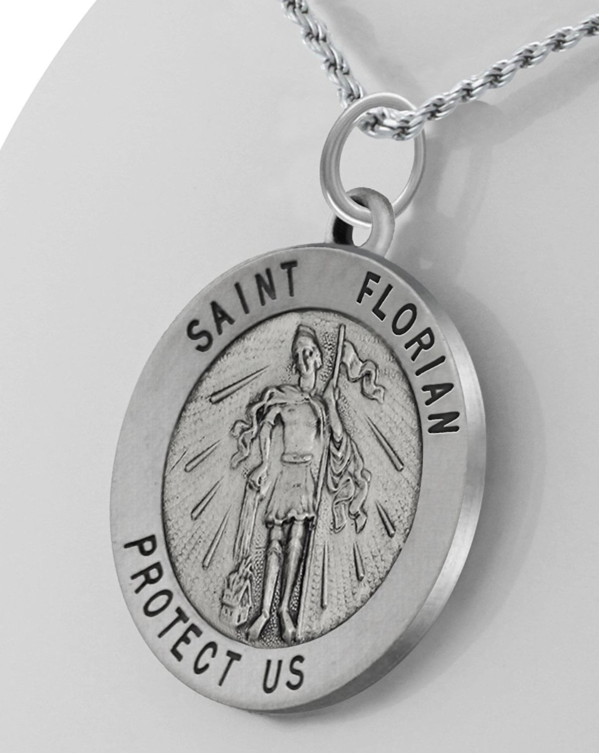 US Jewels And Gems 7/8in Round 0.925 Sterling Silver St Saint Florian Medal Pendant Necklace 